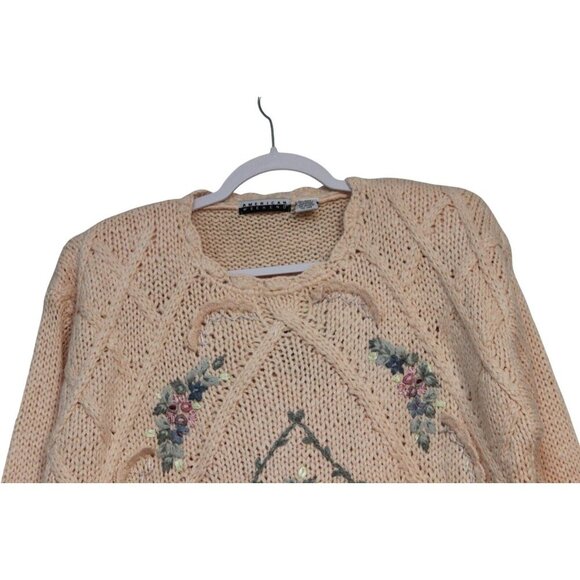 NWT Vintage 90s Chunky Knit Sweater Large Floral Embroidered Grandma Cottagecore - Picture 2 of 11